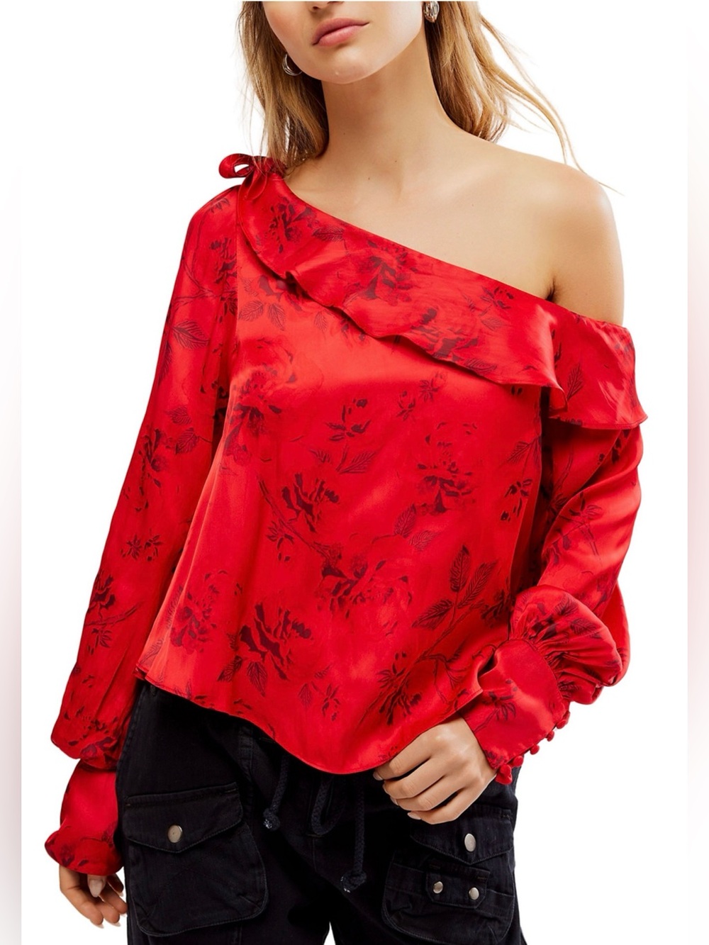 FREE PEOPLE Red One-Shoulder Ruffle Satin Blouse.
